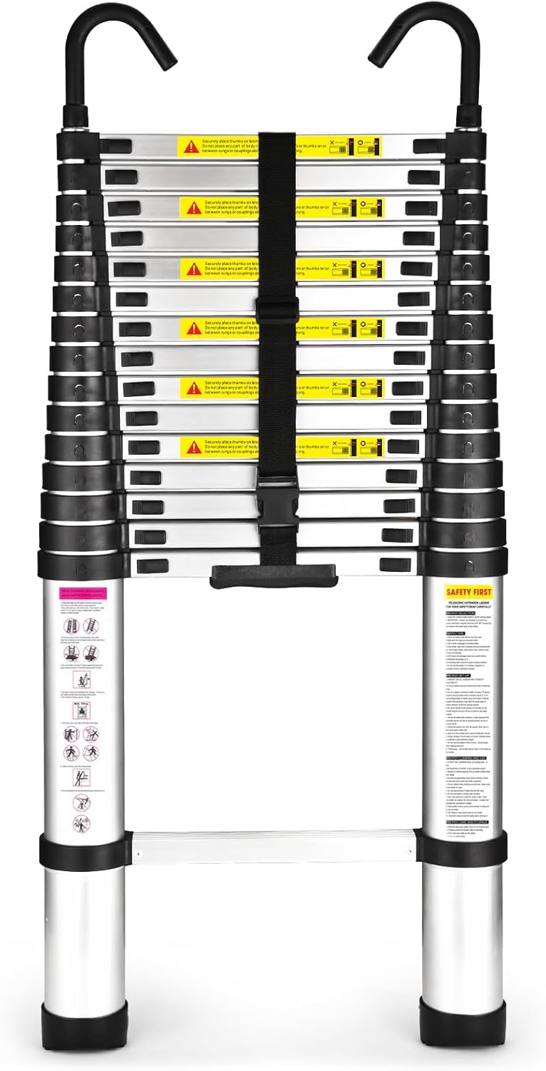 Telescoping Ladder, SocTone 12.5 FT Aluminum Lightweight Extension Ladder with 2 Triangle Stabilizers, Heavy Duty 330lbs Max Capacity, Multi-Purpose Collapsible Ladder for RV or Outdoor Work