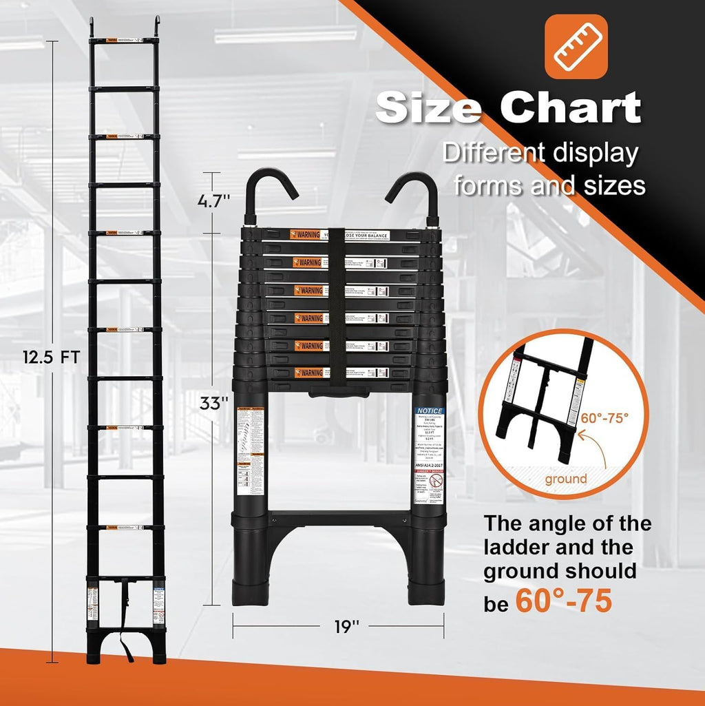 Telescoping Ladder, SocTone 12.5 FT Aluminum Lightweight Extension Ladder with 2 Triangle Stabilizers, Heavy Duty 330lbs Max Capacity, Multi-Purpose Collapsible Ladder for RV or Outdoor Work