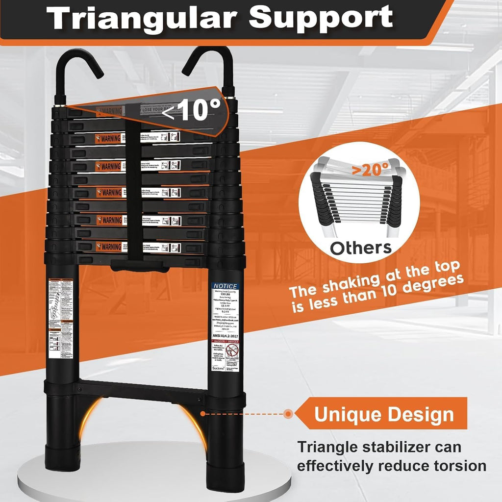 Telescoping Ladder, SocTone 12.5 FT Aluminum Lightweight Extension Ladder with 2 Triangle Stabilizers, Heavy Duty 330lbs Max Capacity, Multi-Purpose Collapsible Ladder for RV or Outdoor Work