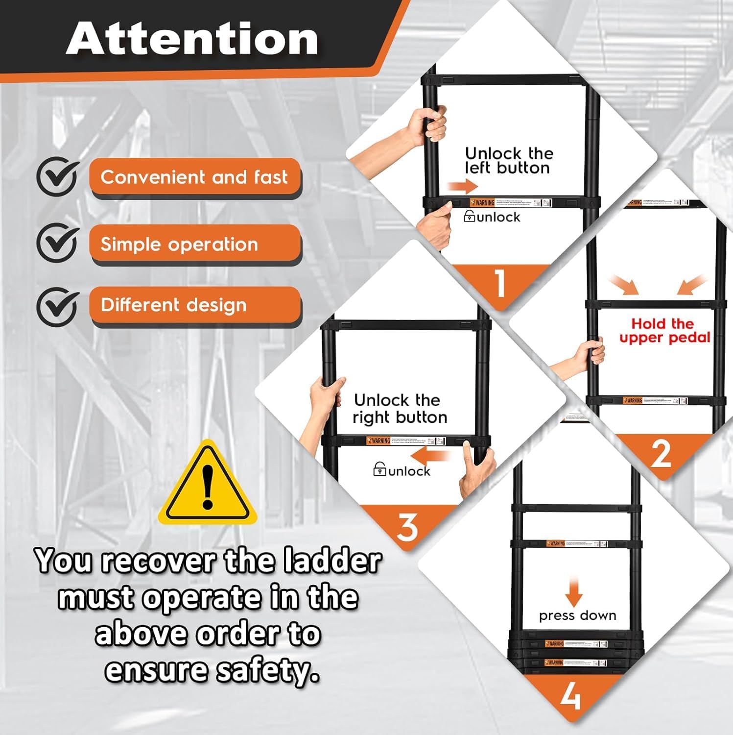 Telescoping Ladder, SocTone 12.5 FT Aluminum Lightweight Extension Ladder with 2 Triangle Stabilizers, Heavy Duty 330lbs Max Capacity, Multi-Purpose Collapsible Ladder for RV or Outdoor Work