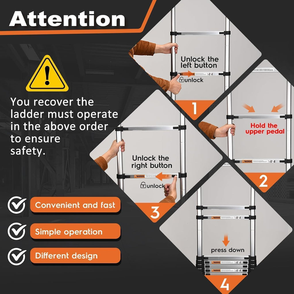 Telescoping Ladder, SocTone 12.5 FT Aluminum Lightweight Extension Ladder with 2 Triangle Stabilizers, Heavy Duty 330lbs Max Capacity, Multi-Purpose Collapsible Ladder for RV or Outdoor Work