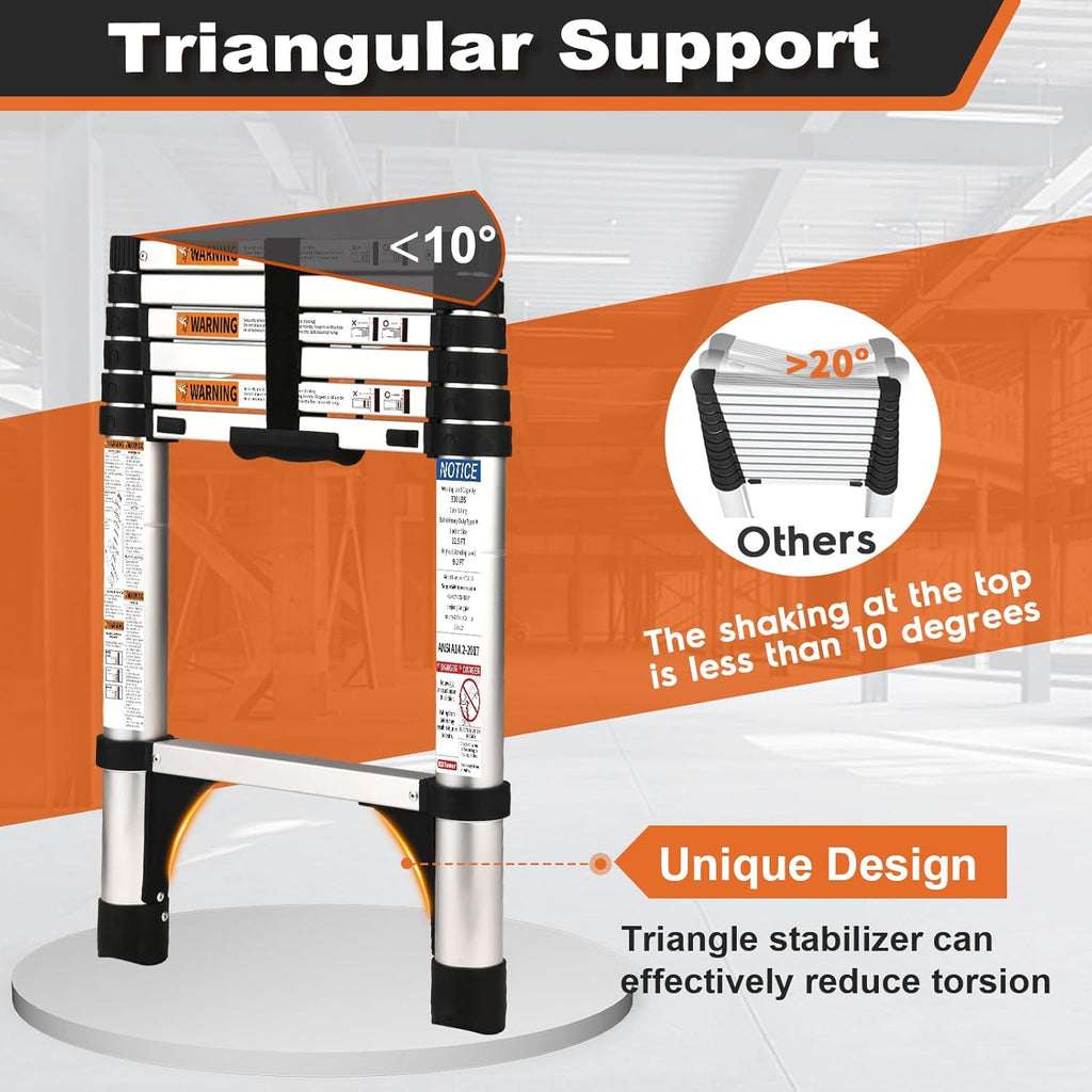 Telescoping Ladder, SocTone 12.5 FT Aluminum Lightweight Extension Ladder with 2 Triangle Stabilizers, Heavy Duty 330lbs Max Capacity, Multi-Purpose Collapsible Ladder for RV or Outdoor Work