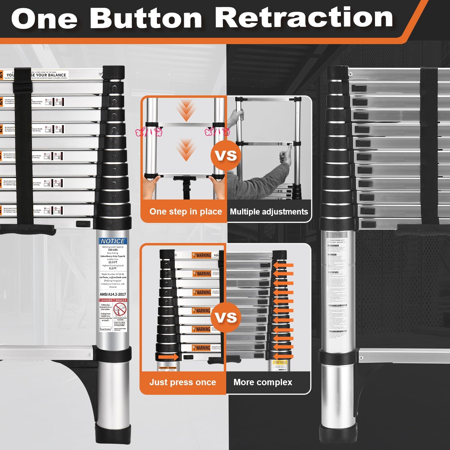 Telescoping Ladder, SocTone 12.5 FT Aluminum Lightweight Extension Ladder with 2 Triangle Stabilizers, Heavy Duty 330lbs Max Capacity, Multi-Purpose Collapsible Ladder for RV or Outdoor Work