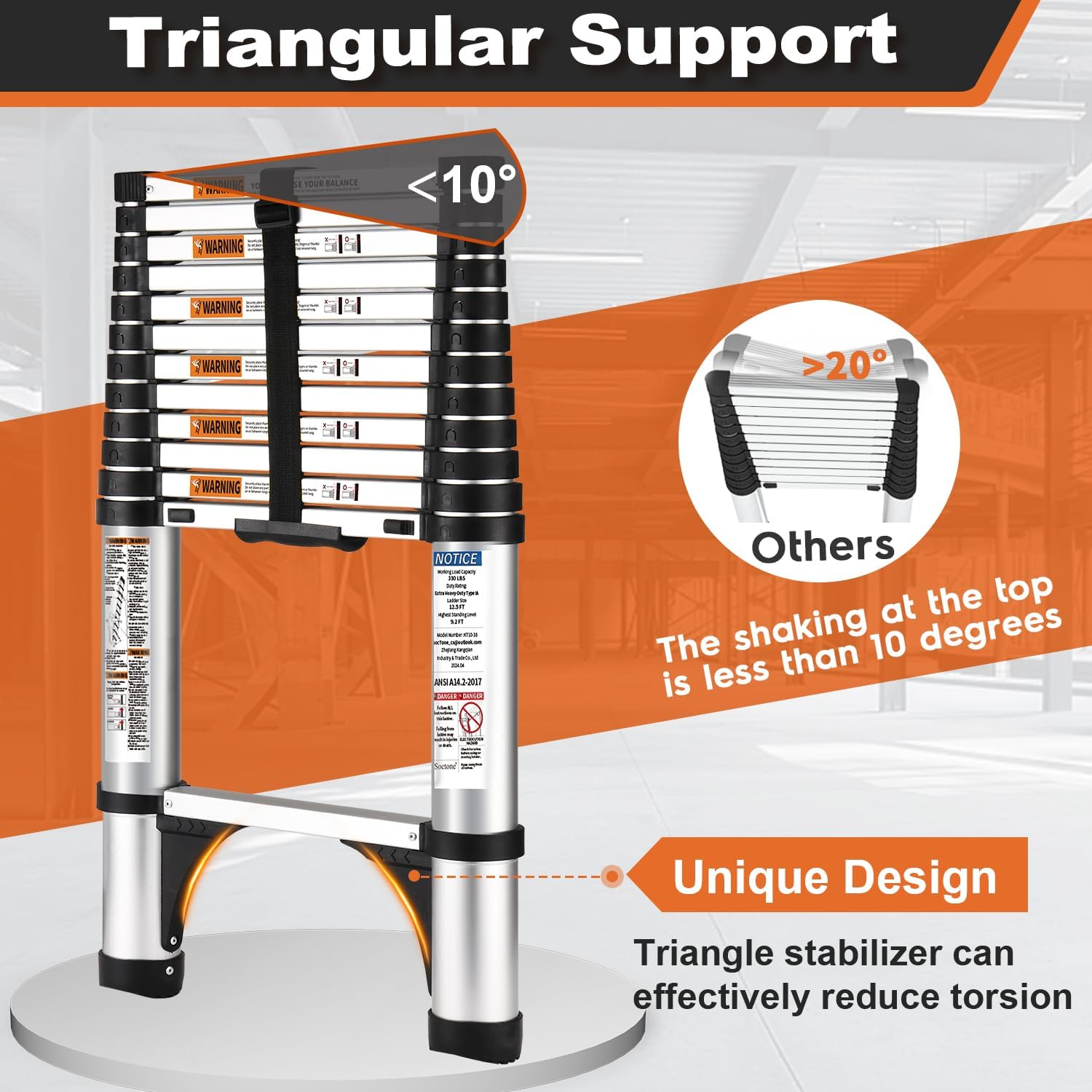 Telescoping Ladder, SocTone 12.5 FT Aluminum Lightweight Extension Ladder with 2 Triangle Stabilizers, Heavy Duty 330lbs Max Capacity, Multi-Purpose Collapsible Ladder for RV or Outdoor Work
