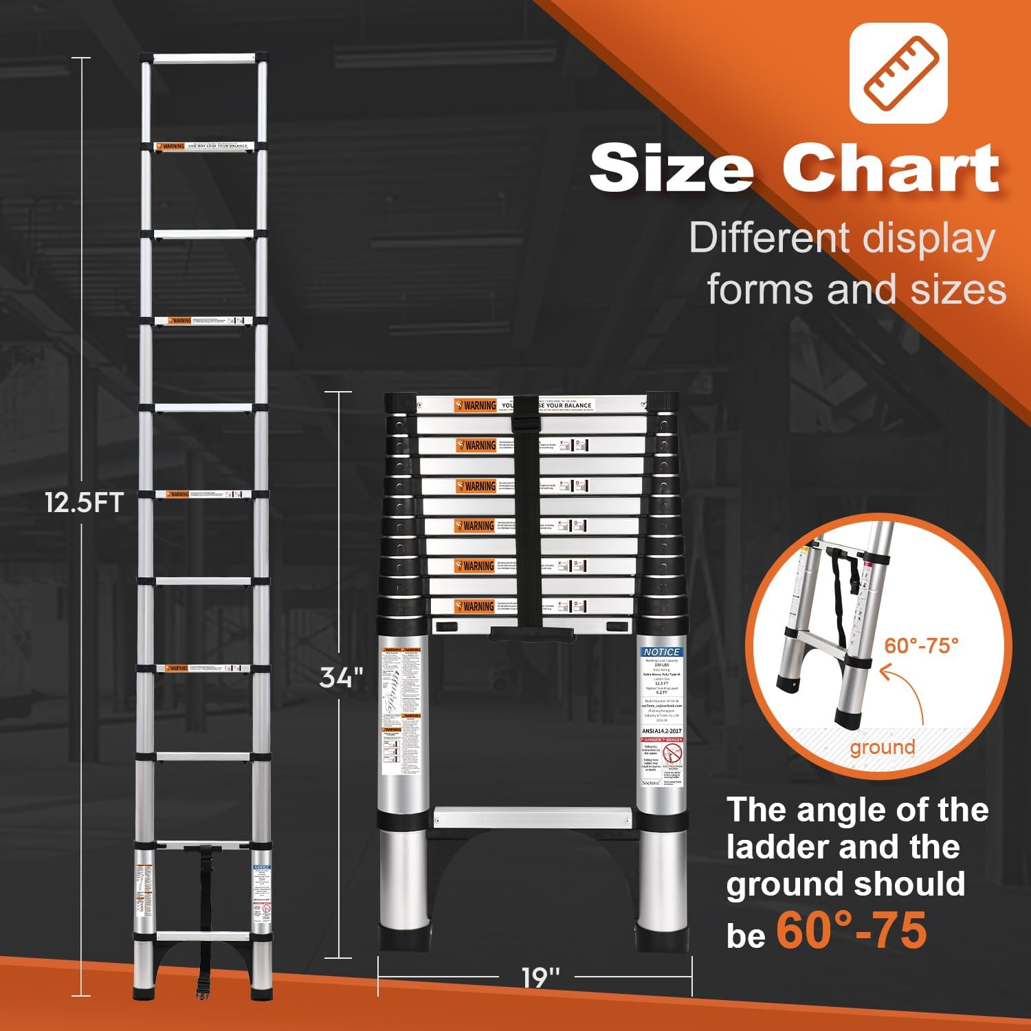 Telescoping Ladder, SocTone 12.5 FT Aluminum Lightweight Extension Ladder with 2 Triangle Stabilizers, Heavy Duty 330lbs Max Capacity, Multi-Purpose Collapsible Ladder for RV or Outdoor Work