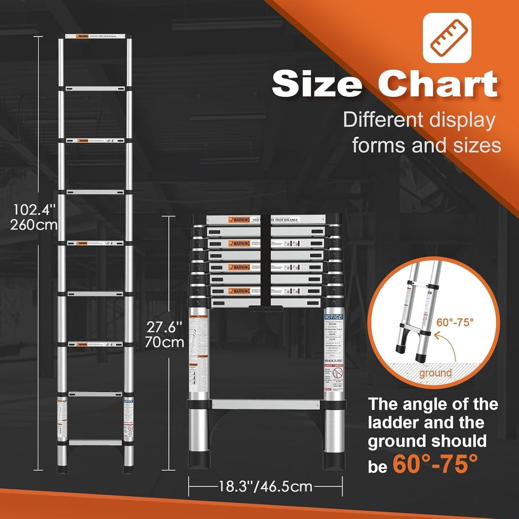 Telescoping Ladder, SocTone 12.5 FT Aluminum Lightweight Extension Ladder with 2 Triangle Stabilizers, Heavy Duty 330lbs Max Capacity, Multi-Purpose Collapsible Ladder for RV or Outdoor Work