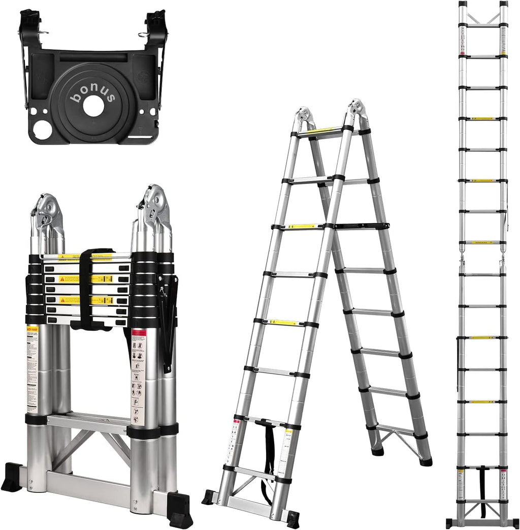 Telescoping Ladder, SocTone 12.5 FT Aluminum Lightweight Extension Ladder with 2 Triangle Stabilizers, Heavy Duty 330lbs Max Capacity, Multi-Purpose Collapsible Ladder for RV or Outdoor Work