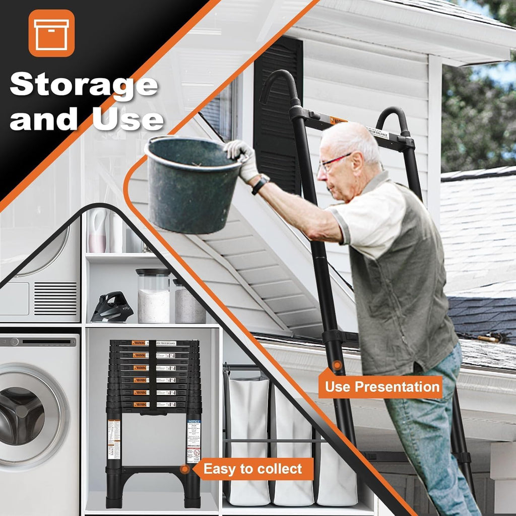 Telescoping Ladder, SocTone 12.5 FT Aluminum Lightweight Extension Ladder with 2 Triangle Stabilizers, Heavy Duty 330lbs Max Capacity, Multi-Purpose Collapsible Ladder for RV or Outdoor Work